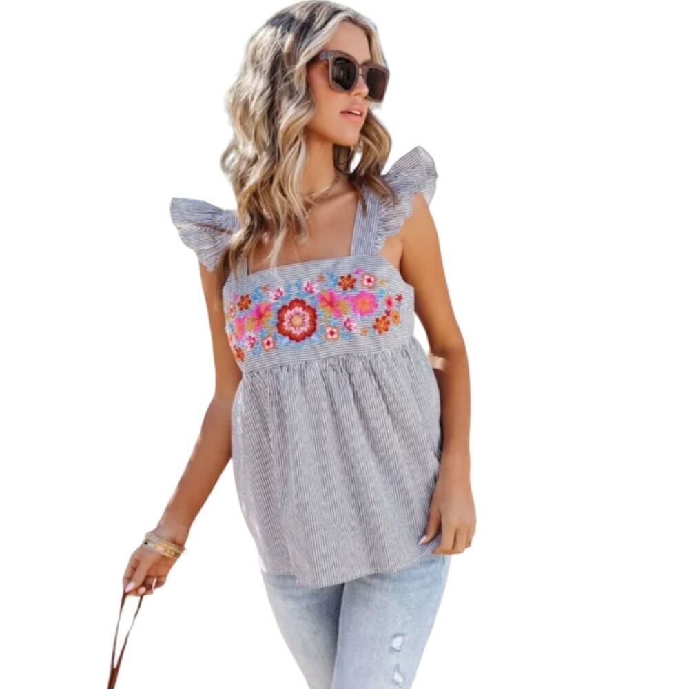 Womens Baby Doll Blouse Top Blue Pinstripe Size Small Embroidery Feminine Loose